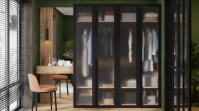 Спальный гарнитур «Порто» №4 Яблоня Беллуно/Графит/Стекло сатин черное в Ноябрьске - noyabrsk.mebel-tymen.ru | фото